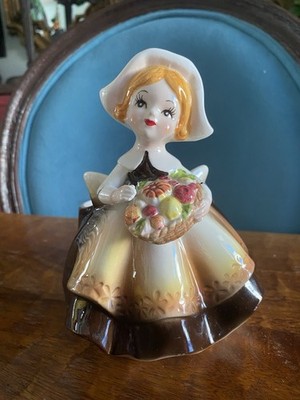 Vintage Relpo Thanksgiving Pilgrim Girl Planter Figurine