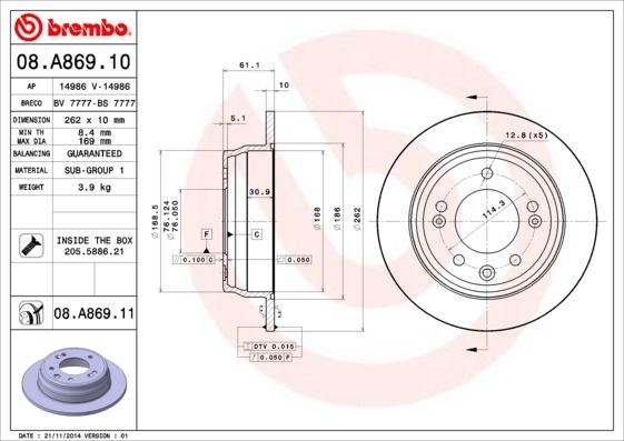 Disque de frein 08.A869.10 BREMBO essieu arrière compatible avec voitures de tourisme HYUNDAI KIA