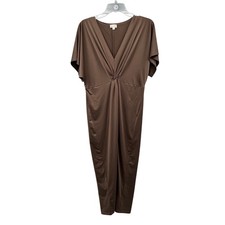 Hem & Thread Midi Sheath Dress Brown Short Sleeve Twisted Front Size Large Slit