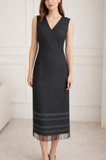 Talbots Faux Wrap Dress Womens Petite 8 Gray Sleeveless Sheath Fringe Midi Boho