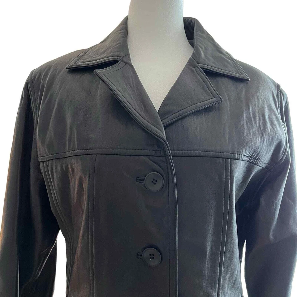 Blazer d'LINEA Vintage Cuero Negro Talla Grande Chaqueta Y2K 4 Bolsillos con Botones Foto 2 de 4