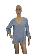 H&M Women’s Size 4 V Neck 3/4 Tie Sleeve Hem Striped Blouse Blue White