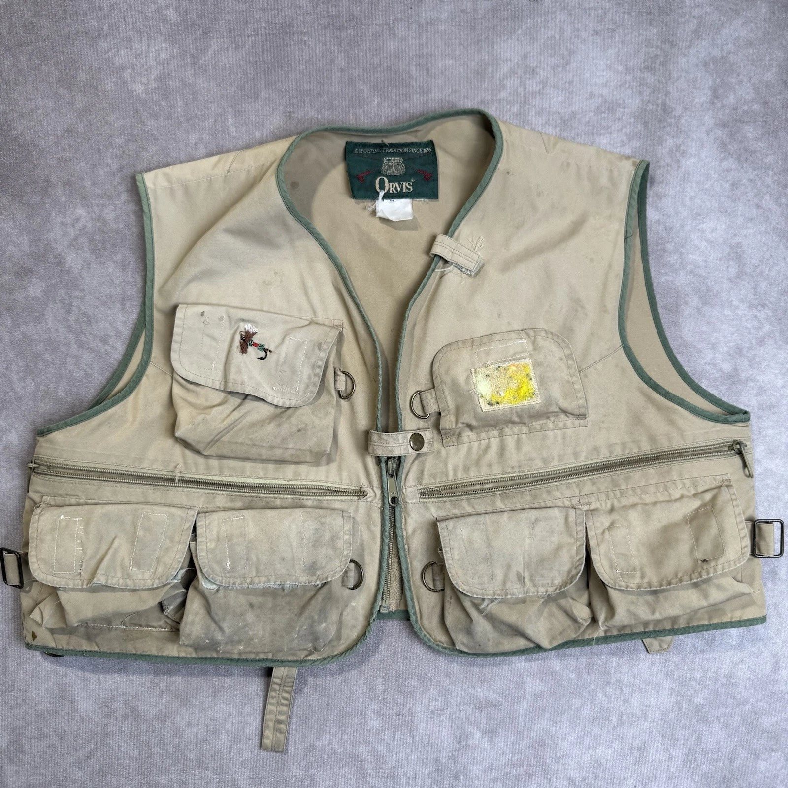 VTG ORVIS Mens XL Khaki Tactical Fly Fishing Vest Pockets *FLAWS