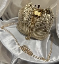 Gold Rhinestone Mesh Bucket Clutch Purse - Sparkly Evening Bag with Chain Strap