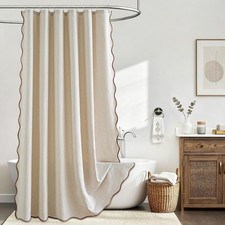 Beige Scalloped Shower Curtain Linen Textured Waterproof 72x72 Inch 12 Hooks