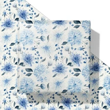 4 Sheets Blue White Floral Wrapping Paper 28x40 Inch Watercolor Flower Design