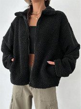 Women's Sherpa Teddy Jacket Zip Collar Fuzzy Fleece Coat Drop Shoulder S-3XL