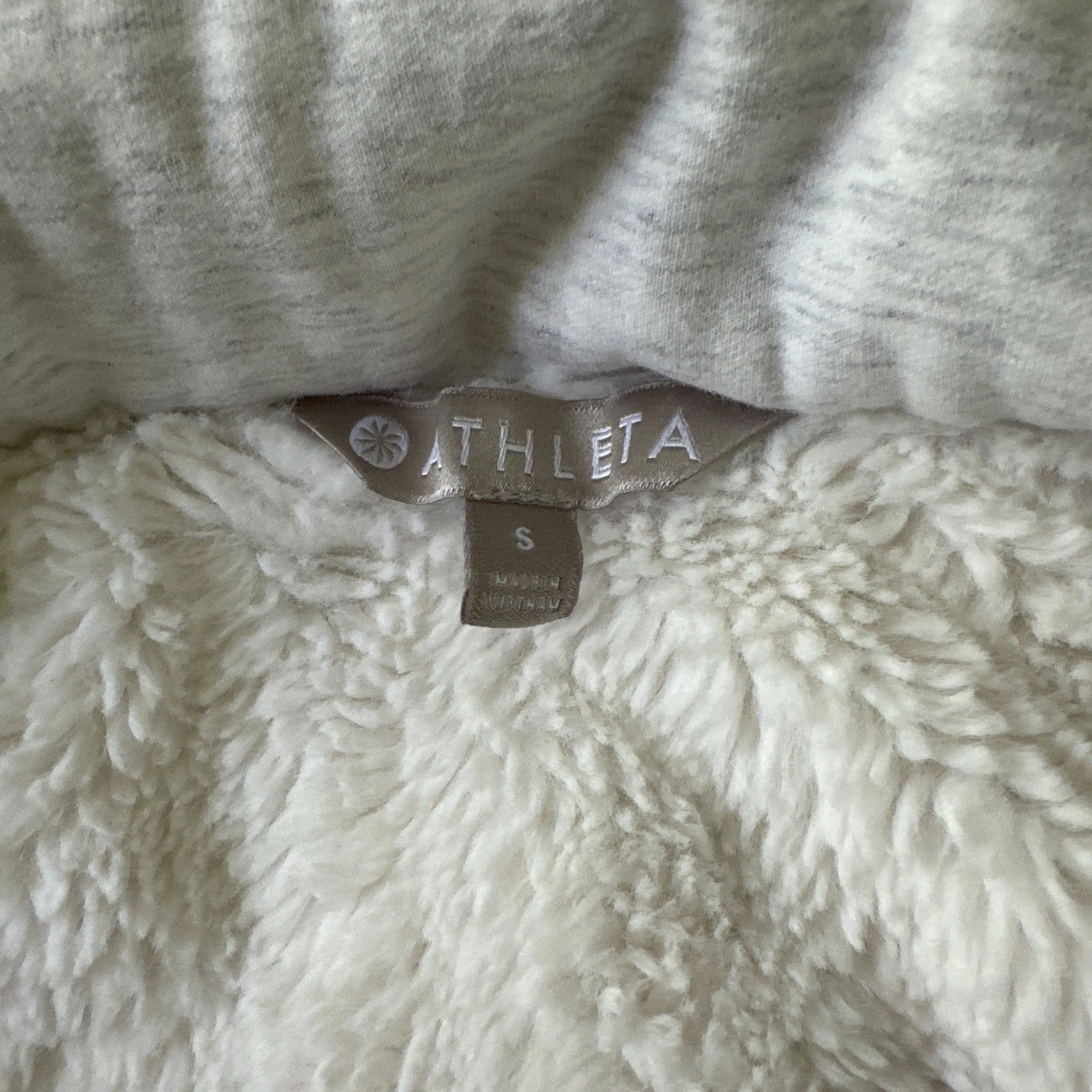 OFF WHITE Felpa con cappuccio Athleta Heather grigia e avorio foderata sherpa zip davanti collo alto piccola