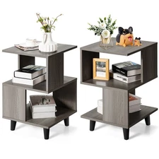 2 PCS Modern Side End Table Nightstand Set Wood Legs Storage Shelf Grey