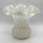 Vintage Fenton White Opalescent Coin Dot Glass Ruffled Edge Vase 6.25”