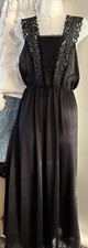 VINTAGE BLACK Sheer Wide Lace Quilted Maxi Nightgown Lingerie Large EUC