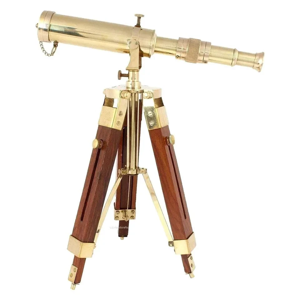 Antique Brass Vintage Telescope With Wooden Tripod Stand Telescope. - Image 3 of 4