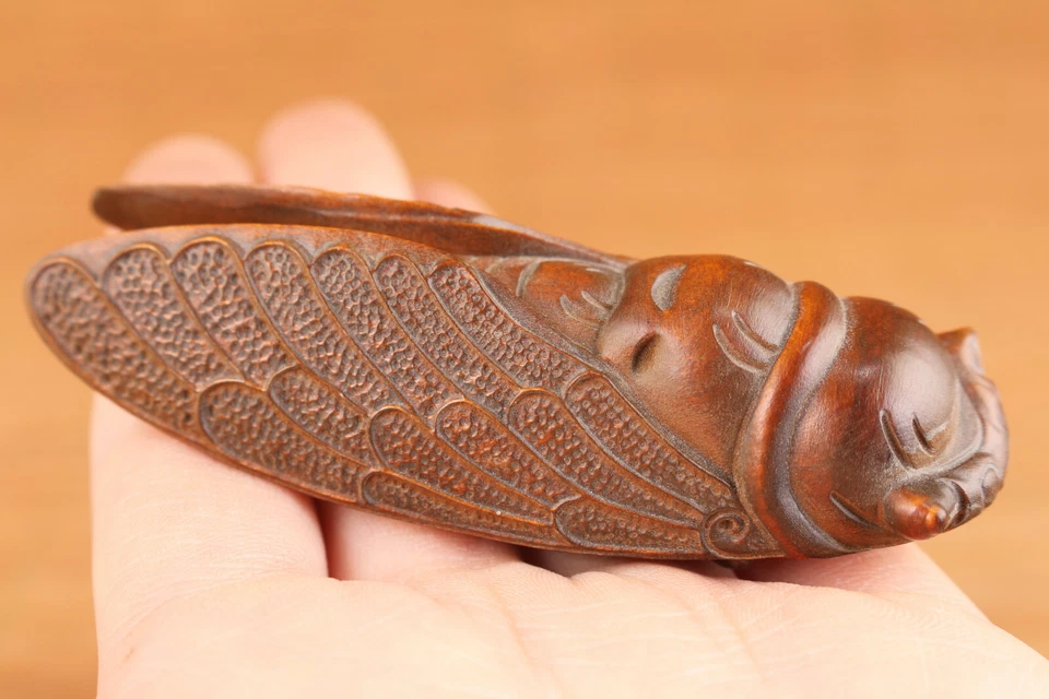 Estatua de cigarra china de boj hecha a mano figura decoración pieza de mano Foto 3 de 4