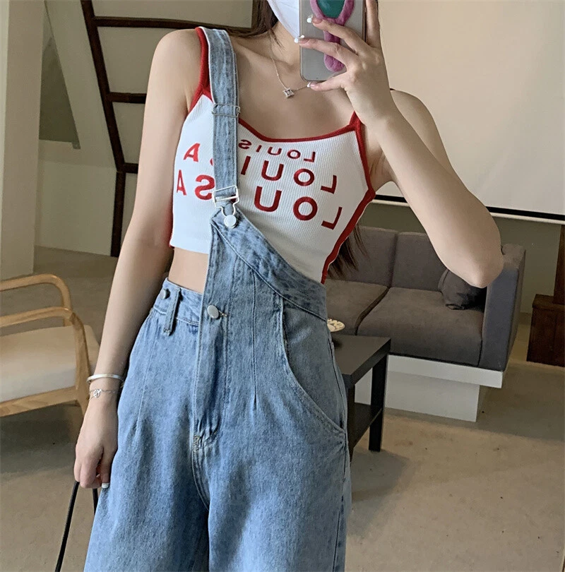 Japanese women girls one shoulder jeans denim overalls loose wide