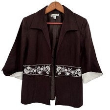 Coldwater Creek Linen Blend Jacket Size 10 Brown 3/4 Sleeve Open Embroidered