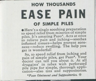 1948 Pazo Ointment Suppositories Ease Pain Piles Single Sooth Vtg Print Ad C17