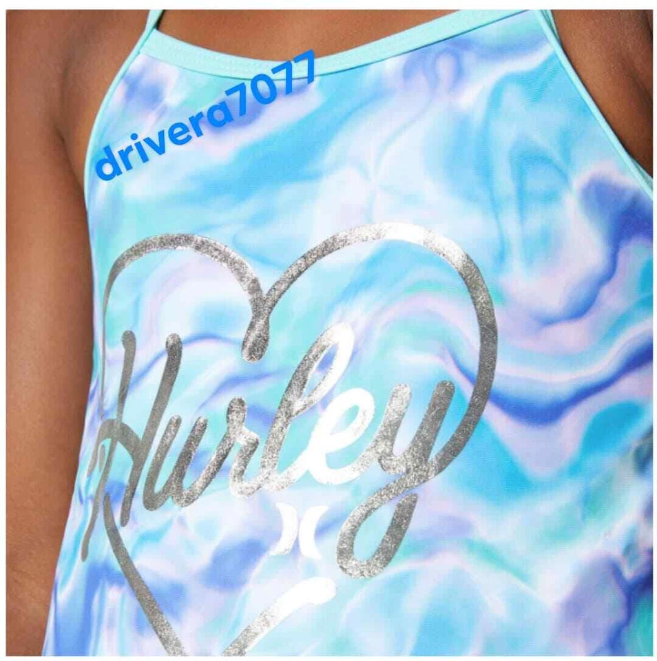 Traje de baño de una pieza para niñas Hurley talla 10-12, color verde aurora Foto 4 de 4