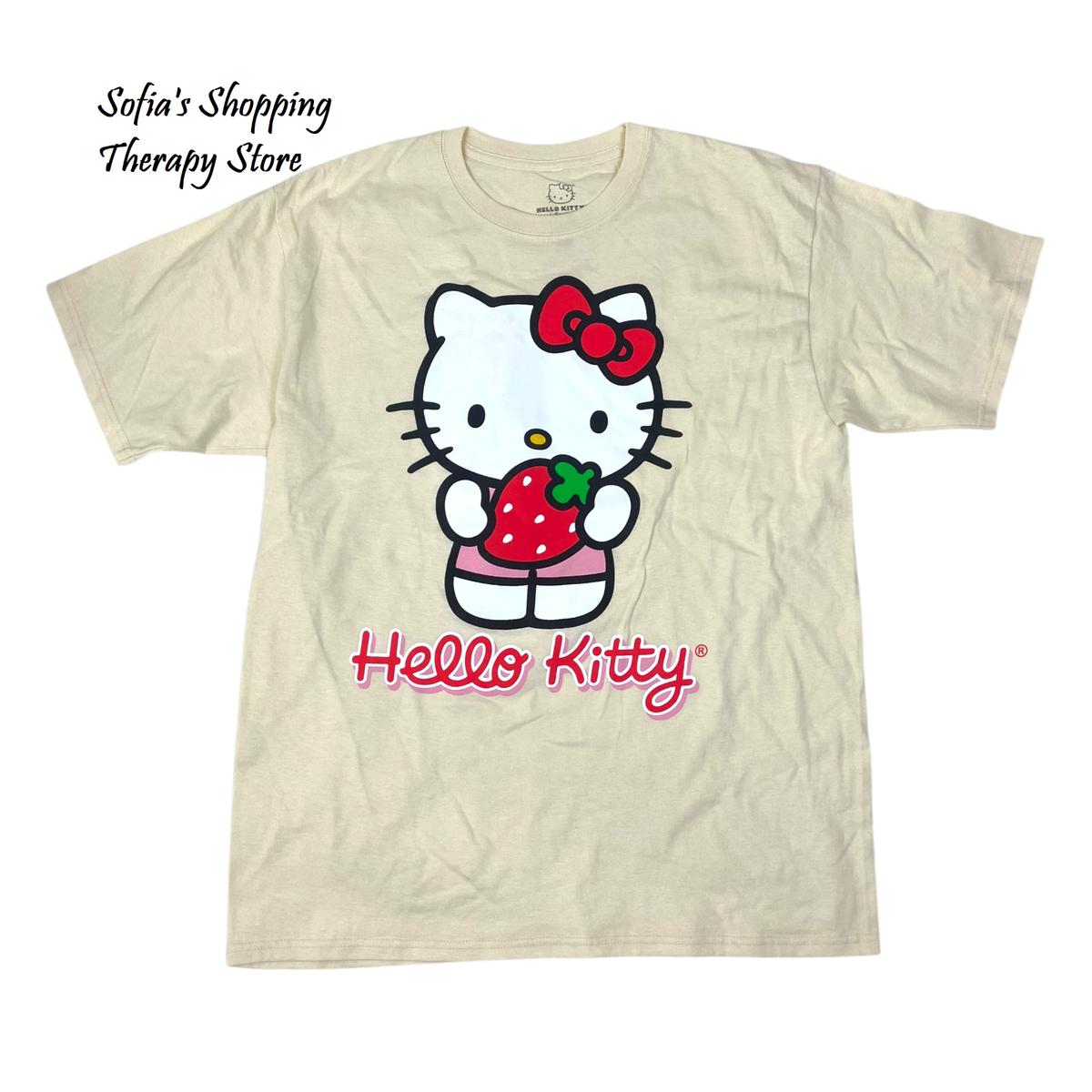 Sanrio Hello Kitty Strawberry Beige T-Shirt Tee Sz LARGE Adult