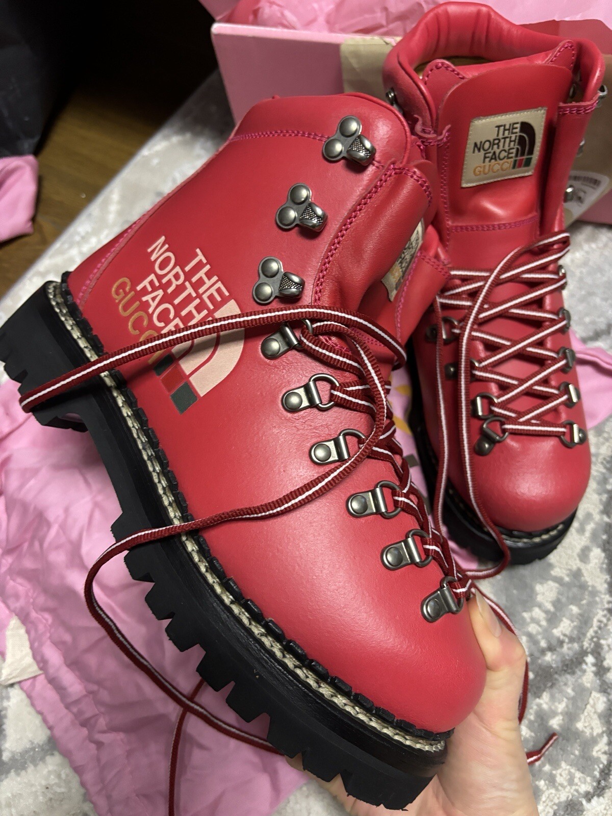 Women Gucci X north face leather hiking boots size 8.5 made in Italy Red Color image 2