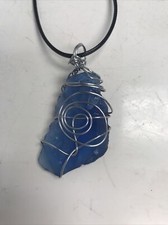 Blue Sea Glass Wire Wrapped Necklace Silver Wire 639