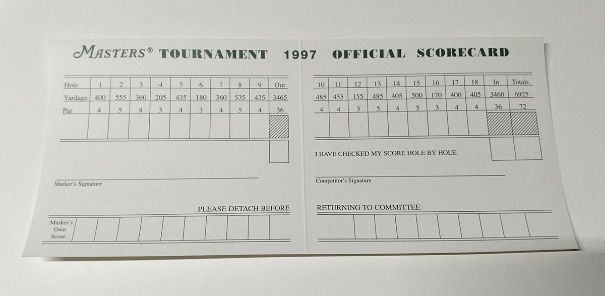 1997 MASTERS OFFICIAL SCORECARD Tiger Woods First Major Augusta