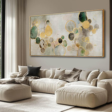 Gold Circle Abstract Canvas Art - Framed Green Wall Decor 29"X58