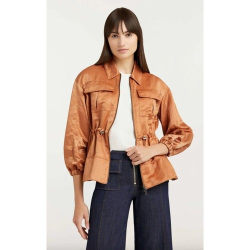 CINQ À SEPT Liv Satin Zip-up Jacket Coconut Brown Womens Size Small - Picture 3 of 13