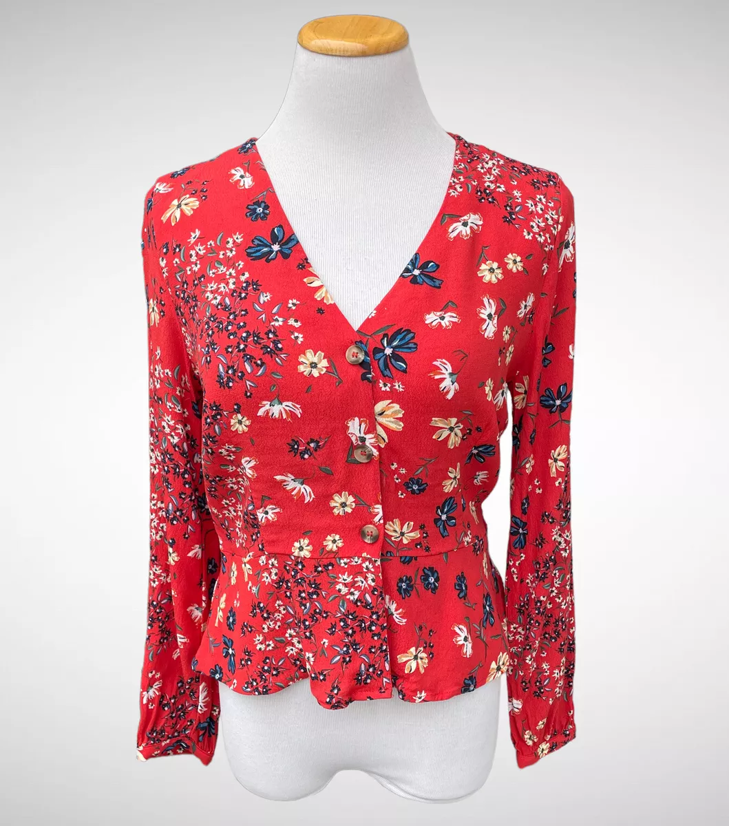 H&m red top floral blouse