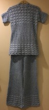 VTG Hand Crocheted 2 Piece Blue Tunic Top Bell Bottom Pants Festival Boho Hippie