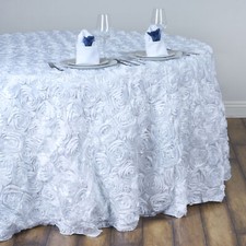 White RIBBON ROSES 132" ROUND TABLECLOTH Fancy Wedding Party Catering Linens