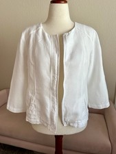 Chico's 100 Linen Jacket White Zip Up Pockets 3/4 Sleeve Sz S Lagenlook Minimal