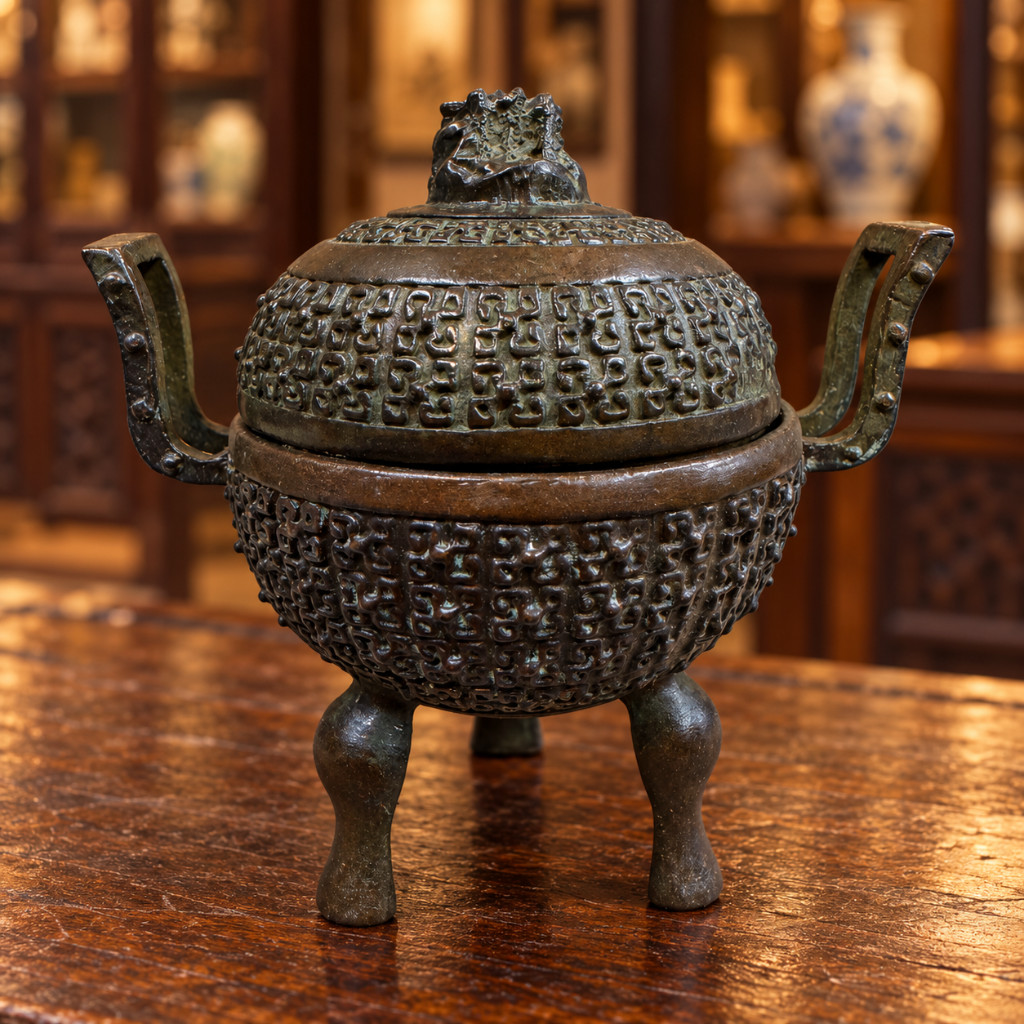 Oriental Chinese Bronze Urn with Lid - Dragon Decoration