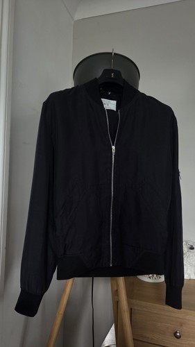McQ, McQ Alexander McQueen Black Silk Bomber Jacket Minimalist Utility Military MED