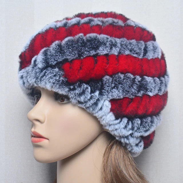 Women Warm Real Rex Rabbit Fur Hat Snow Cap Winter Hats Knit