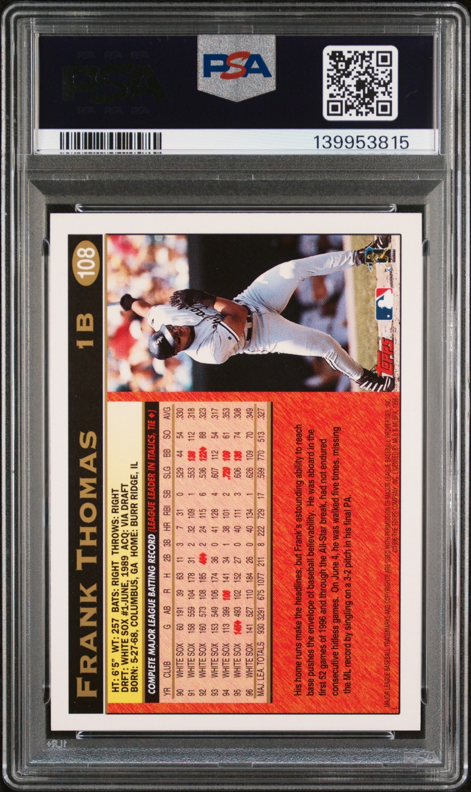 1997 Topps FRANK THOMAS #108 Hall Of Fame Chicago White Sox PSA 8 NM-MT - Nice!! view 2