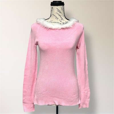 BCBGMAXAZRIA S Pink Faux Feather Trim Knit Long Sleeve Sweater Barbiecore Y2K