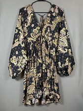 Free People Arzel Mini Dress Black Combo Paisley Festival Boho V Neck XS