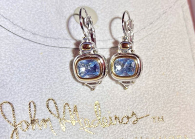 John Medieros Nouveau French Wire Back Earrings 14k Gold Acct-Aqua.Swarovski NEW