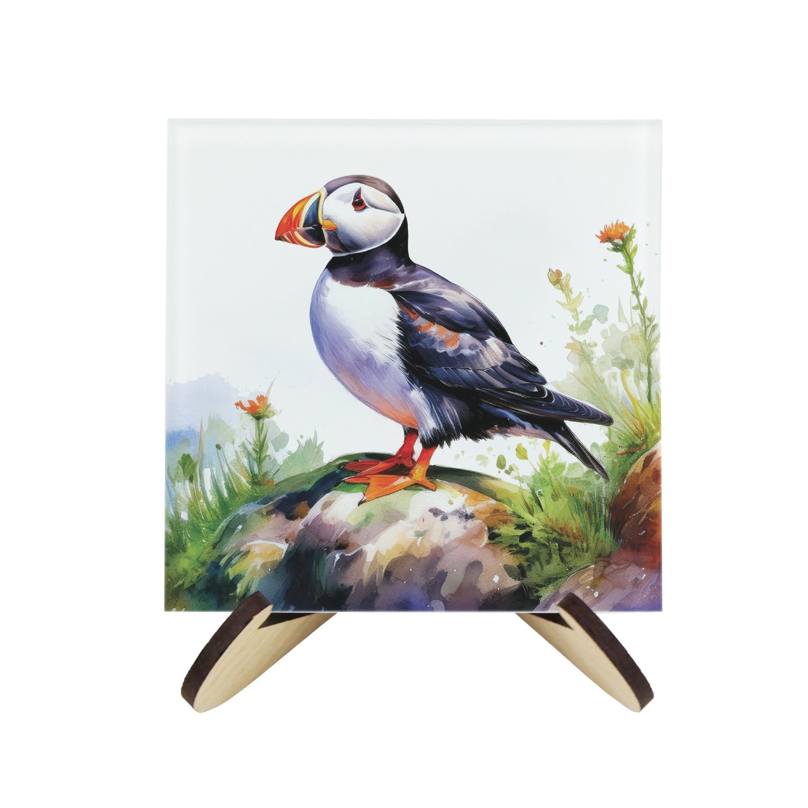 Puffins Glass Coaster Set - Coastal Seabird Gifts - Set of Four & Stand