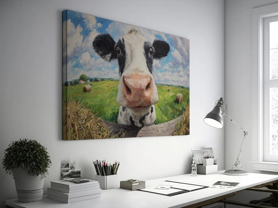 Divertido arte de pared de vaca, divertido lienzo de granja, pintura de animales, cocina rústica Foto 2 de 4