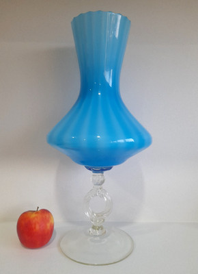 Große Vintage 60er Empoli Glas blau Opal Sockel Fuß Ring Stiel Vase 395mm