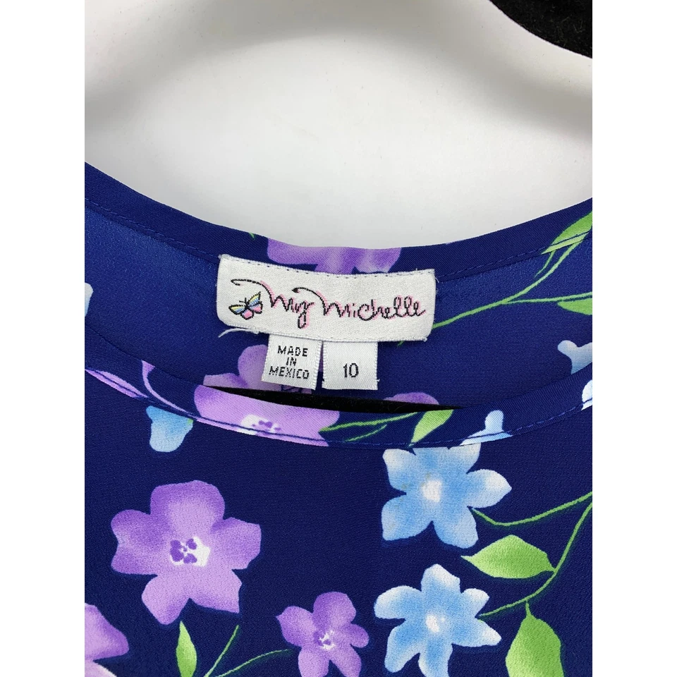 Vintage 90s My Michelle Girls Size 10 Midi Dress Floral Print Navy Blue Purple - Image 3 of 4