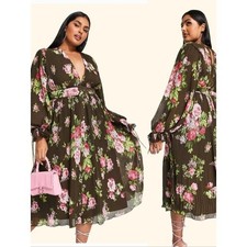 ASOS Design Pleated Midi Dress Brown Pink Floral V-Neck Belted Balloon Sleeve