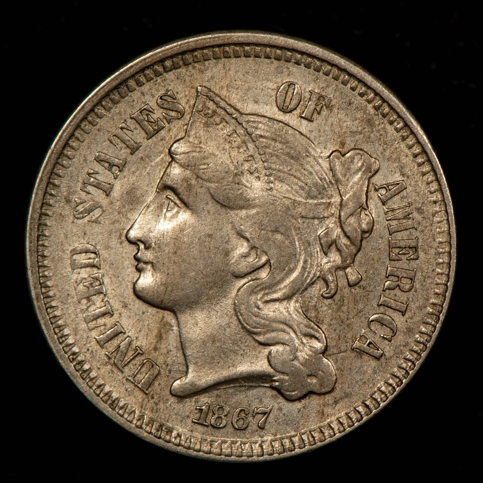 1867 3c Nickel Three-Cent Piece - Luster - Original AU Semi Key Date - SKU-Z5963 - Image 3 of 4