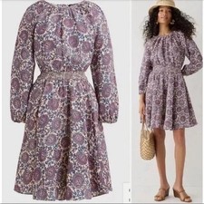 J Crew Palermo Linen Smocked Waist Floral Mini Dress Women Size M Purple Multi