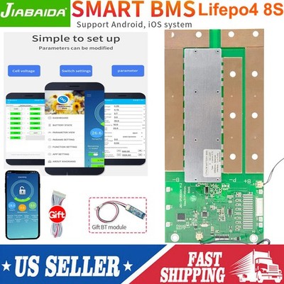 US JBD 8S 24V 150A Lifepo4 Battery Smart BMS Board w/ Balancer + BT Module UART