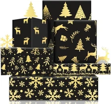 Christmas Wrapping Paper, 6 Sheets Black and Gold Foil Gift black gold 