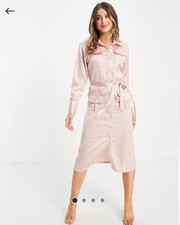 Lola May Tie Waist Satin Midi Shirt Dress in Rose Pink US Size 8