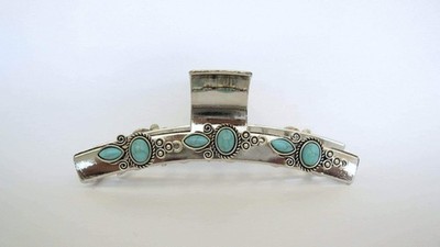 Long shiny turquoise blue silver boho design metal native tribal hair claw clip