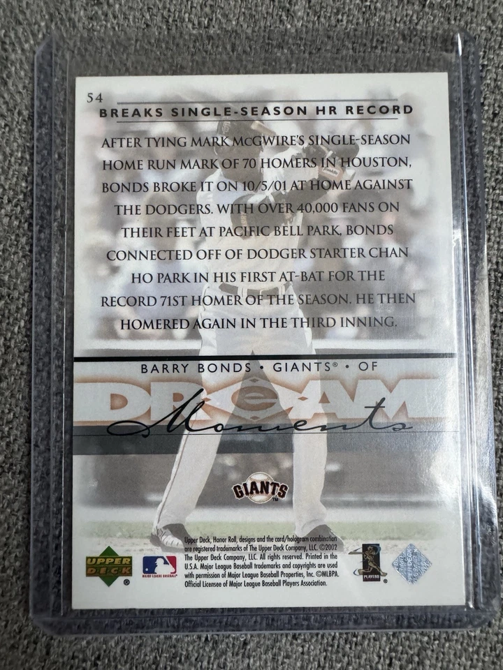 2002 Upper Deck Honor Roll - Dream Moments Barry Bonds #54 - Image 2 of 2